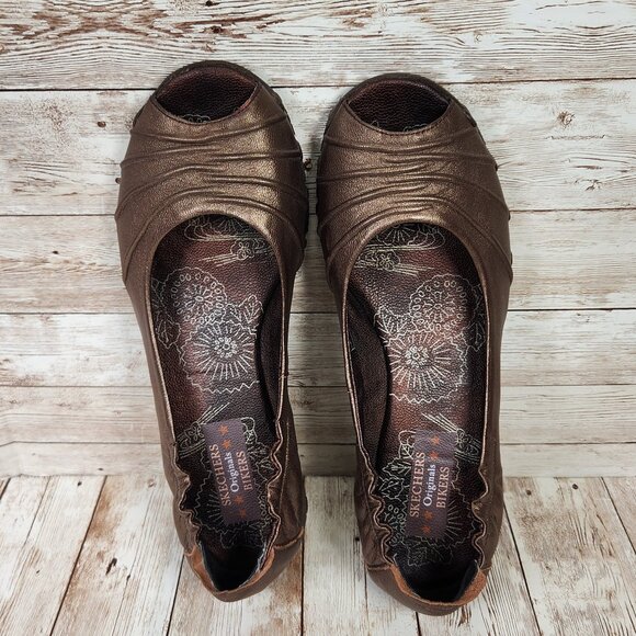 SKECHERS Originals Bikers Women's 9 Bronze Brown Leather Slip-On Peep Toe Flats - Picture 7 of 9